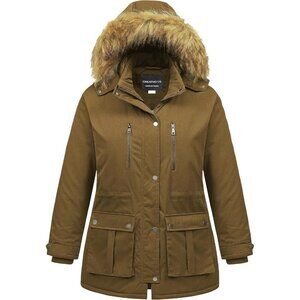 Women's Winter Warm Brown Waterproof Long Puffer Jacket Coat Thicken Fur Hood